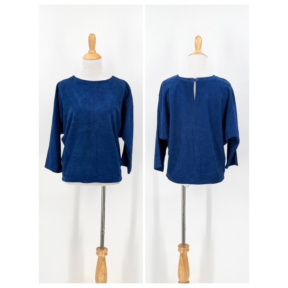 Vintage Suede Top Women Small Blue Dolman 3/4 Sleeve Round Neck Keyhole West Bay